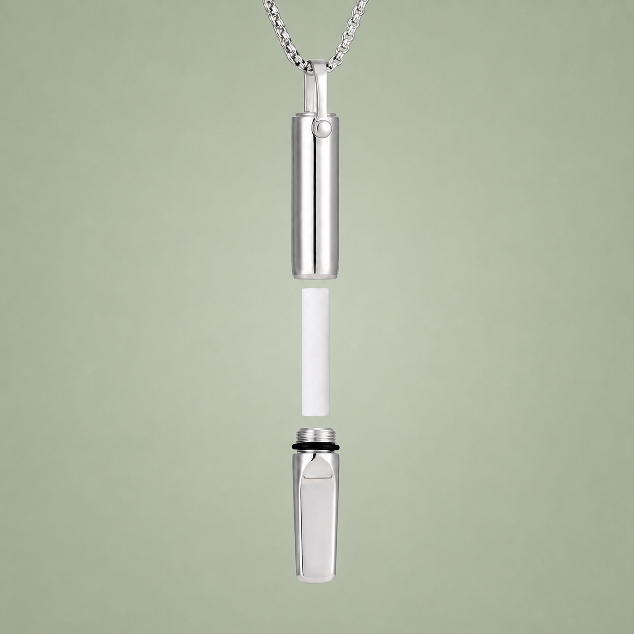 Vue éclatée du collier SansClope argenté avec la tige aromatique