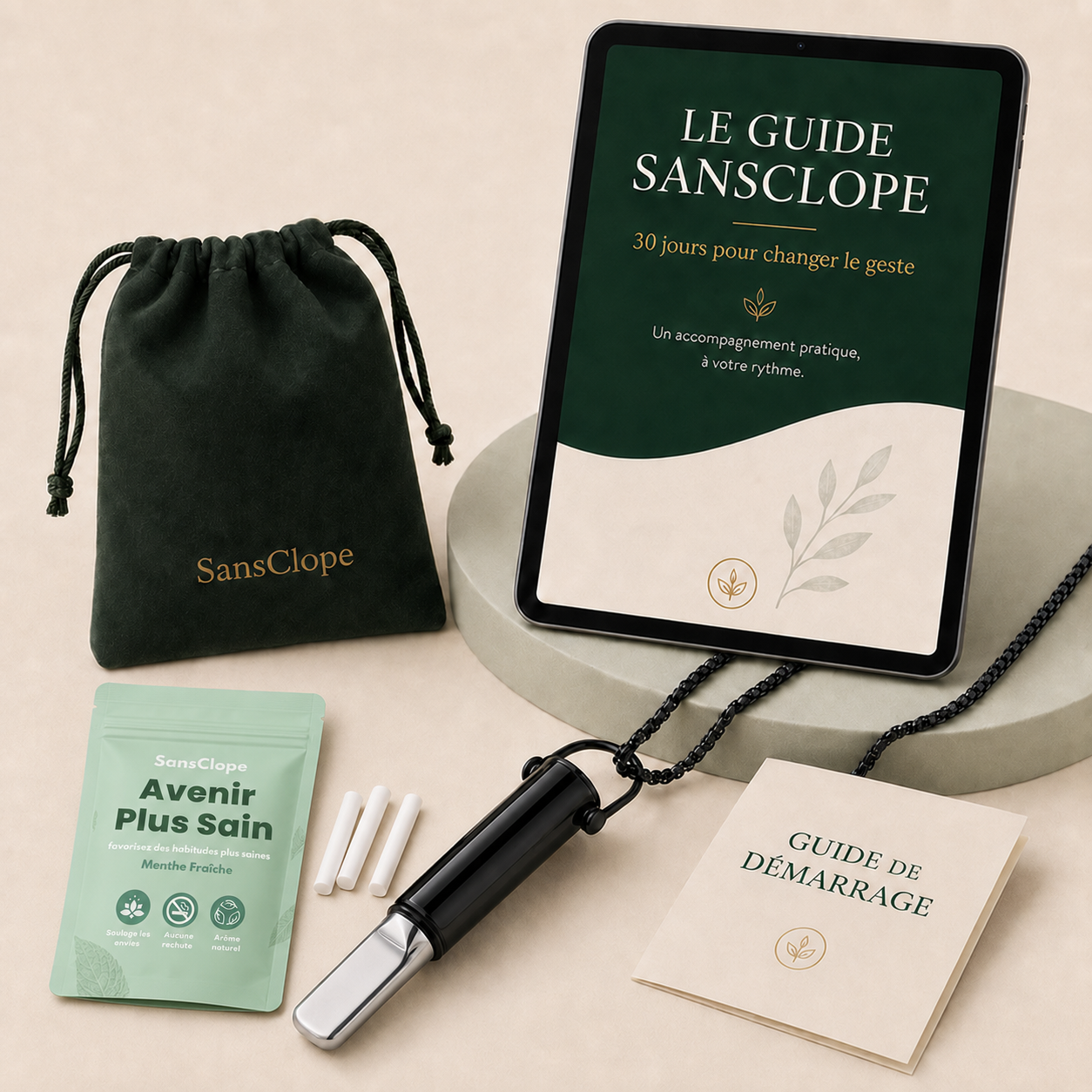 Pack complet SansClope : collier, tiges aromatiques et guide